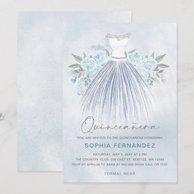 Invitation Dusty Blue Silver parties scintillant Floral Robe  (Devant / Derrière)