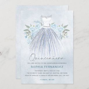 Invitation Dusty Blue Silver parties scintillant Floral Robe