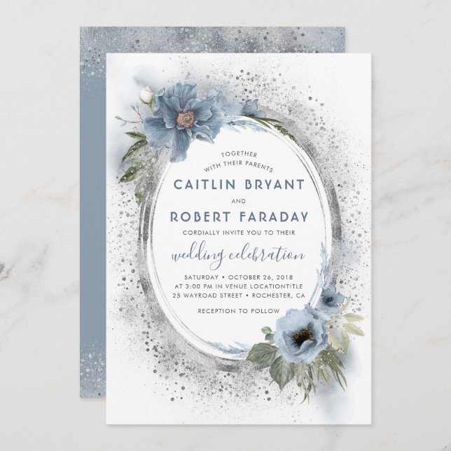 Invitation Dusty Blue & Silver Parties scintillant Floral Rus (Devant / Derrière)