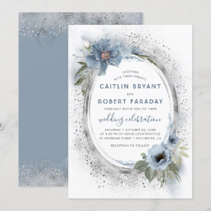 Invitation Dusty Blue & Silver Parties scintillant Floral Rus