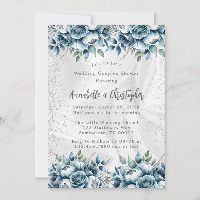 Invitation Dusty Blue Silver Rose Couples Mariage Douche (Devant)
