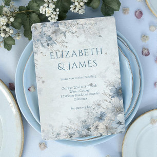 Invitation Dusty Blue Silver Rose hiver Floral Mariage