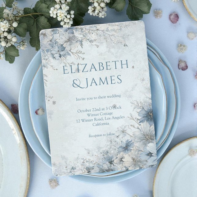 Invitation Dusty Blue Silver Rose hiver Floral Mariage (Créateur téléchargé)