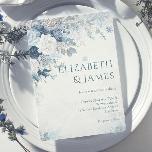 Invitation Dusty Blue Silver Rose hiver Floral Mariage