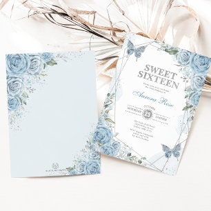 Invitation Dusty Blue Silver Sweet 16 Butterfly Anniversaire
