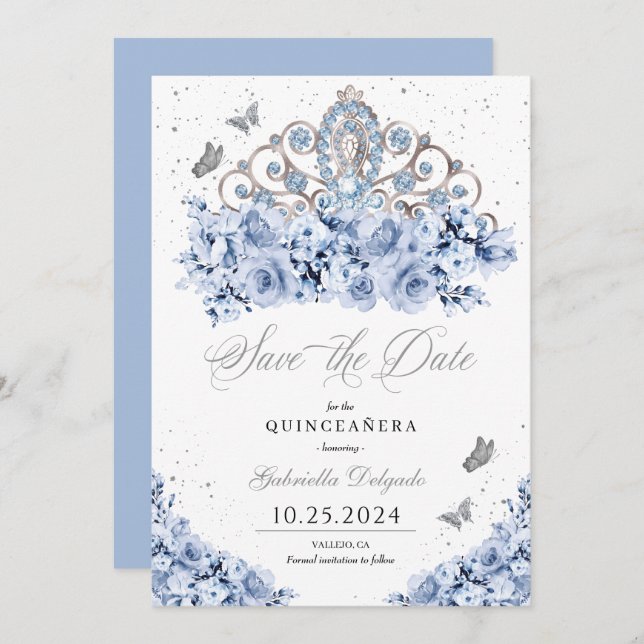 Invitation Dusty Blue Silver Tiara Enregistrer La Date Quince (Devant / Derrière)