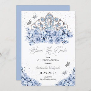 Invitation Dusty Blue Silver Tiara Enregistrer La Date Quince
