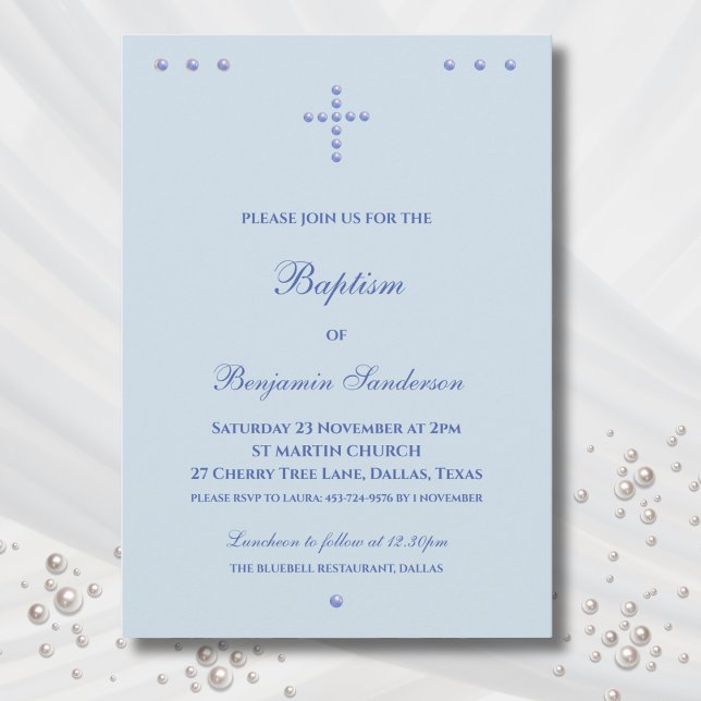 Invitation Dusty Blue Simple Cross Christian Baptism (Créateur téléchargé)
