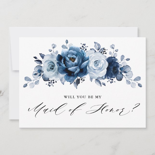 Invitation Dusty Blue Slate Marine Botanical Maid of Honor (Devant)