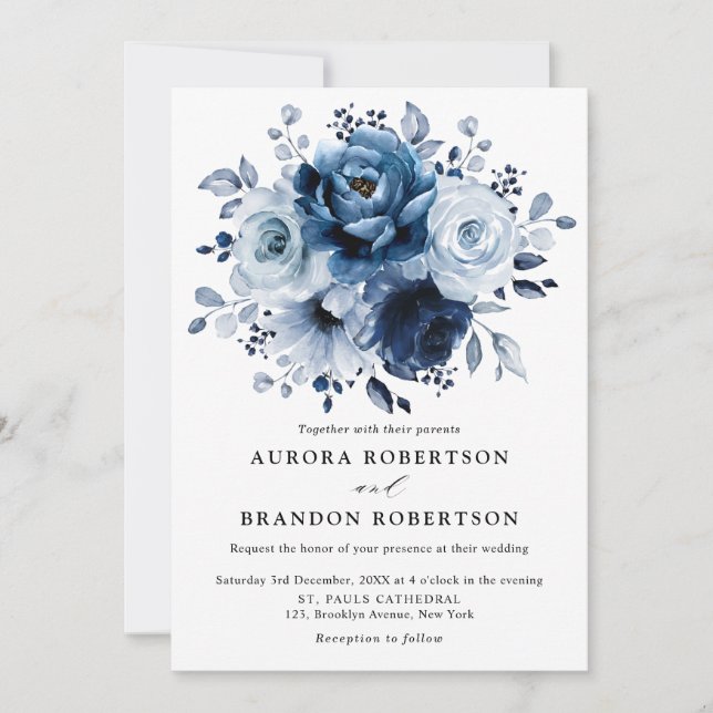 Invitation Dusty Blue Slate Navy Floral Botanal Mariage (Devant)
