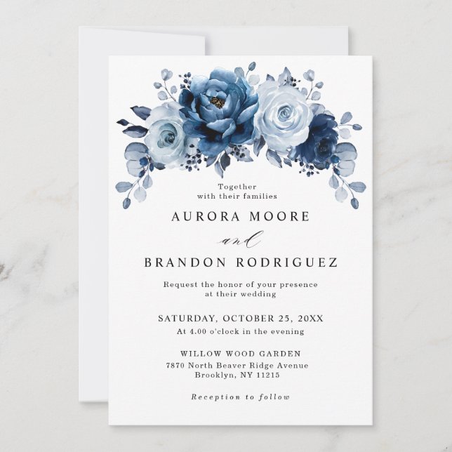 Invitation Dusty Blue Slate Navy Floral Botanal Mariage (Devant)
