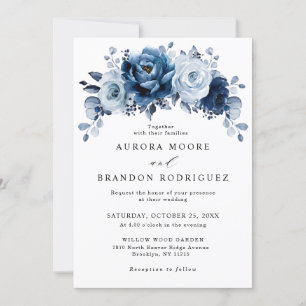 Invitation Dusty Blue Slate Navy Floral Botanal Mariage