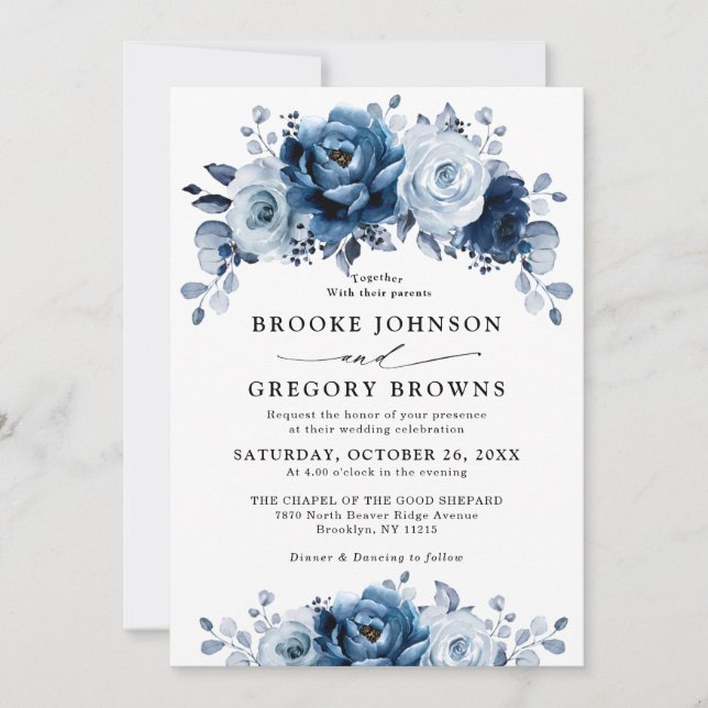 Invitation Dusty Blue Slate Navy Floral Botanal Mariage (Devant)