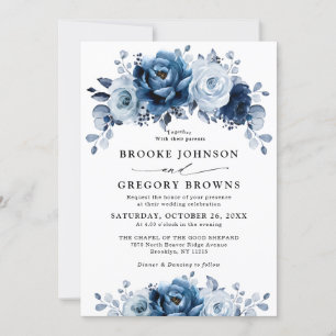 Invitation Dusty Blue Slate Navy Floral Botanal Mariage