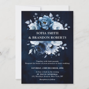 Invitation Dusty Blue Slate Navy Floral Botanal Mariage Inv