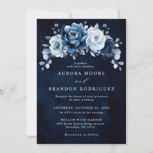 Invitation Dusty Blue Slate Navy Floral Botanal Mariage Inv