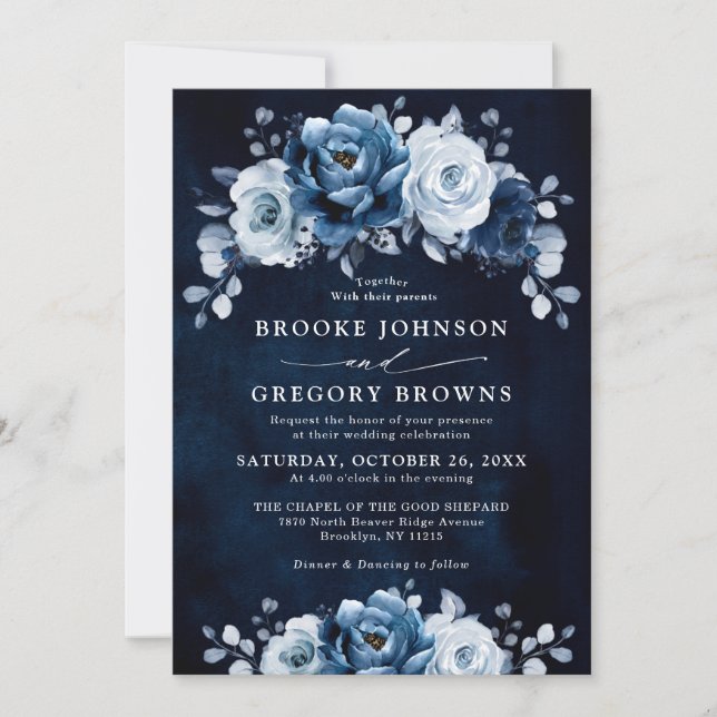 Invitation Dusty Blue Slate Navy Floral Botanal Mariage Inv (Devant)