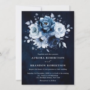 Invitation Dusty Blue Slate Navy Floral Botanal Mariage Inv