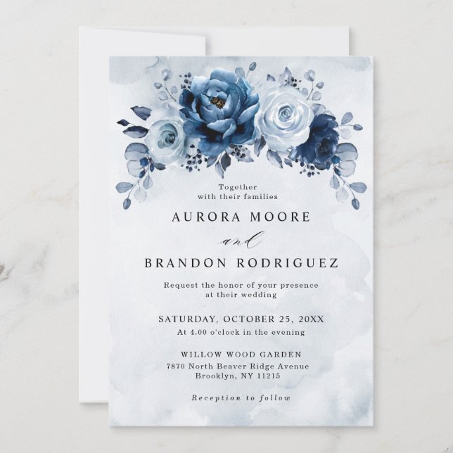 Invitation Dusty Blue Slate Navy Floral Botanal Mariage Inv (Devant)