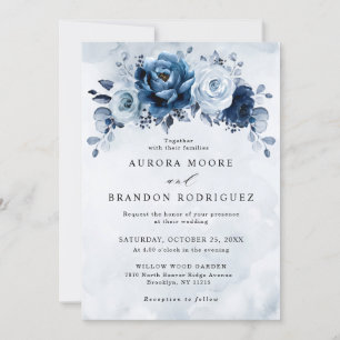 Invitation Dusty Blue Slate Navy Floral Botanal Mariage Inv