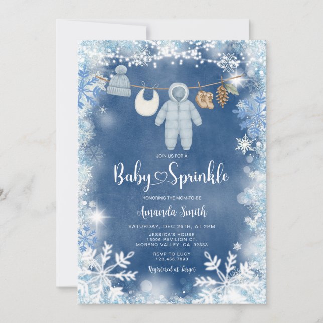 Invitation Dusty Blue Snowflake Boy Clothesline Baby Sprinkle (Devant)