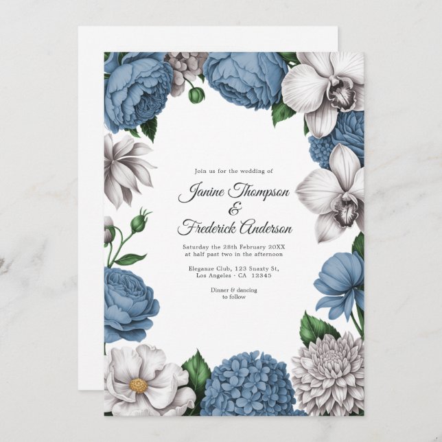 Invitation Dusty Blue & Soft Grey Watercolor Floral Wedding (Devant / Derrière)
