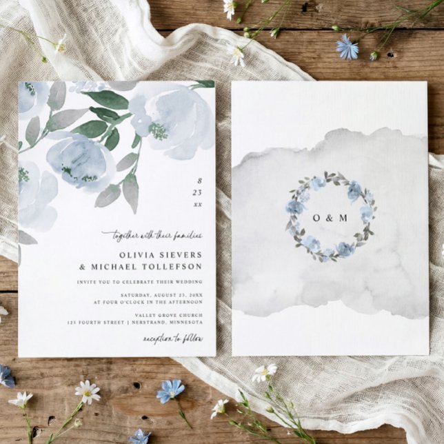 Invitation Dusty Blue Soft Watercolor Floral Wedding (Dusty blue watercolor floral wedding invitation with soft blue and gray flowers and elegant script)