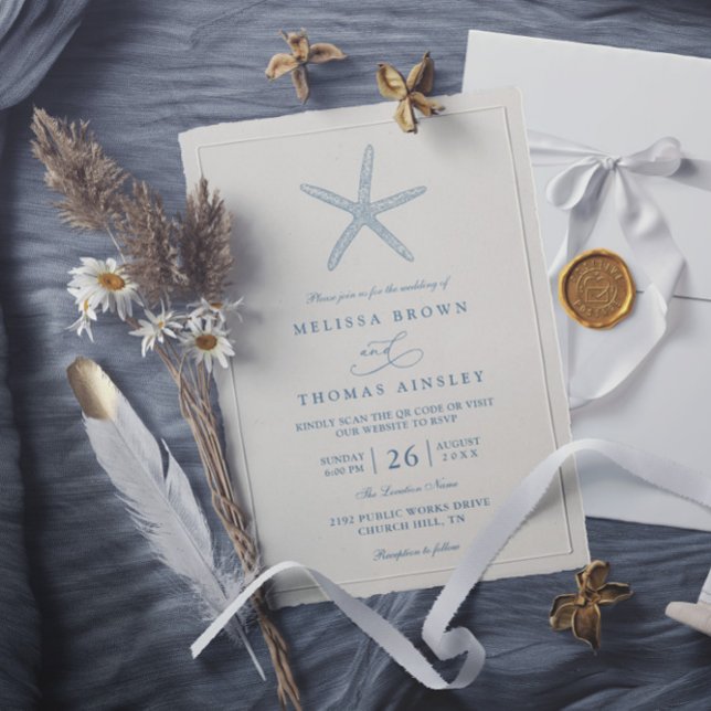 Invitation Dusty Blue Starfish Beach Elegant QR Code Wedding (Créateur téléchargé)