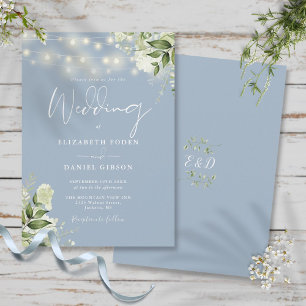 Invitation Dusty Blue String éclaire Floral Monogram Mariage