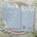 Invitation Dusty Blue String éclaire Floral QR Code Mariage<br><div class="desc">Cette élégante faire-part de mariage bleue poussiéreuse,  aux jolies lampes à cordes et à la verdure fleurie,  peut être personnalisée avec vos informations en typographie chic avec les détails de votre site web mariage et votre code QR au verso. Conçu par Thisisnotme©</div>