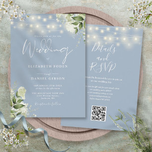 Invitation Dusty Blue String éclaire Floral QR Code Mariage