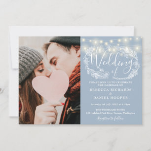 Invitation Dusty Blue String Lights Photo Tout en un Mariage