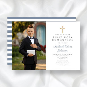 Invitation Dusty Blue Stripes Cross Boy Photo First Communion