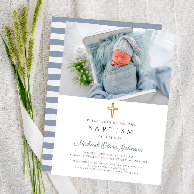 Invitation Dusty Blue Stripes Cross Photo Boy Baptême (Dusty Blue Stripes Cross Photo Boy Baptism Invitation)