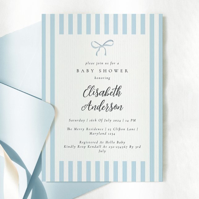 Invitation Dusty Blue Stripes Elégant Baby shower Garçon Vint (Créateur téléchargé)