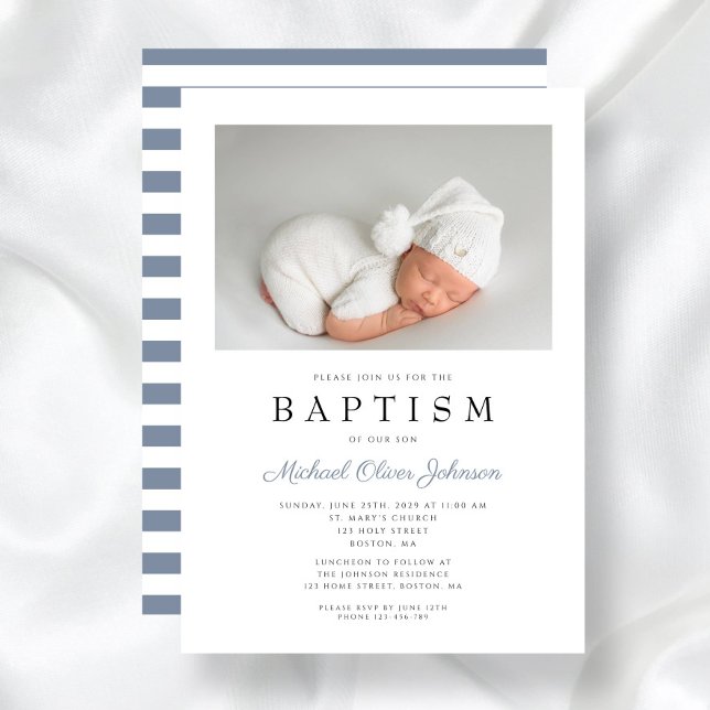 Invitation Dusty Blue Stripes Élégant Photo Boy Baptême (Dusty Blue Stripes Elegant Photo Boy Baptism Invitation)