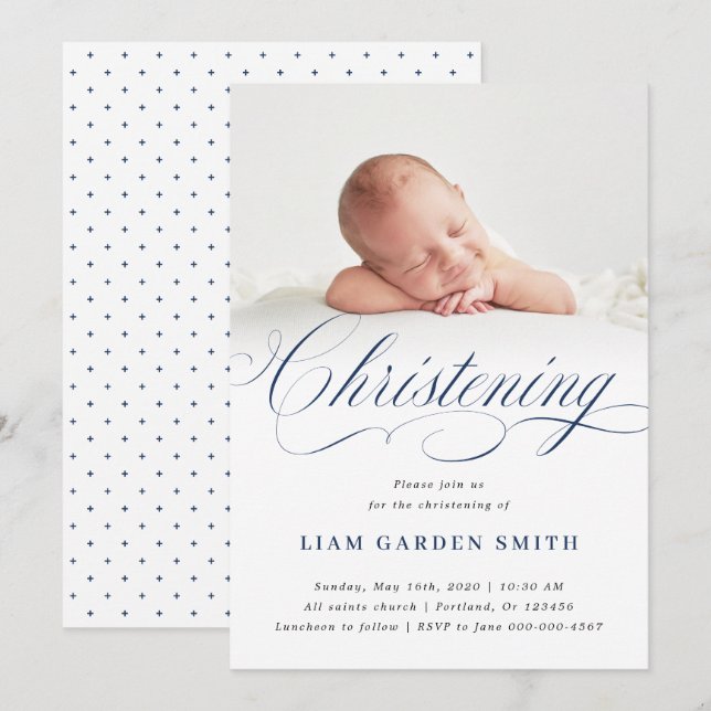 Invitation Dusty Blue Subtle Cross Script Christening Boy (Devant / Derrière)