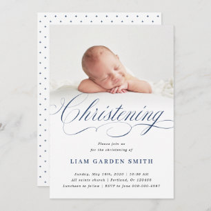 Invitation Dusty Blue Subtle Cross Script Christening Boy