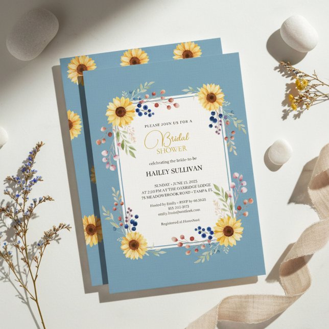 Invitation Dusty Blue Sunflower Bridal Shower Gold Frame (elegant bridal shower invitation)