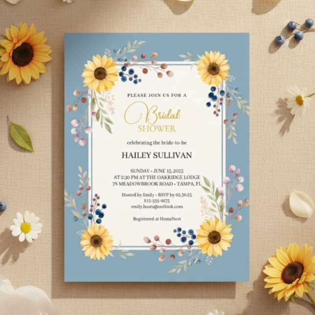 Invitation Dusty Blue Sunflower Bridal Shower Gold Frame (Dusty Blue Sunflower Frame)