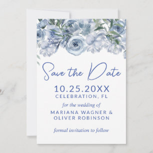 Invitation Dusty Blue sur White Romantic Floral Enregistrer l