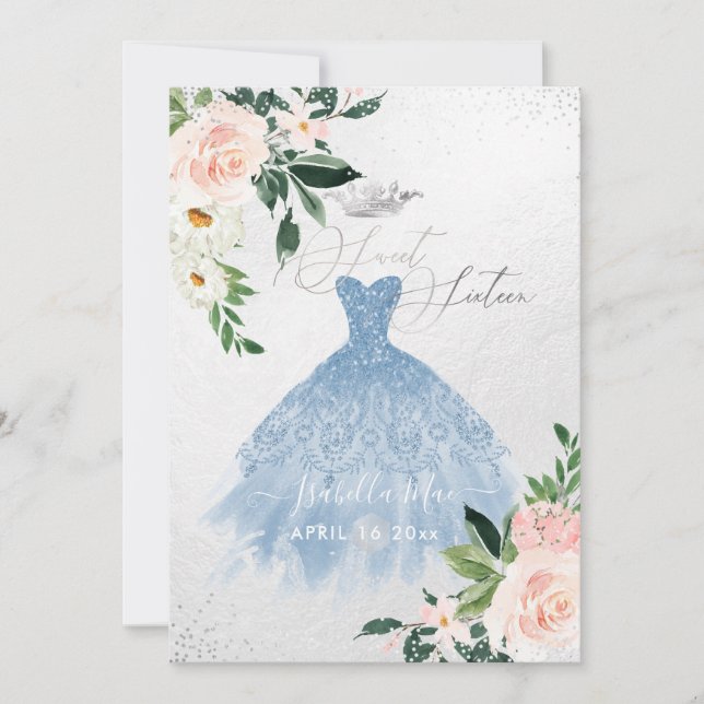 Invitation Dusty Blue Sweet Sixteen Fleurs de blush aquarelle (Devant)