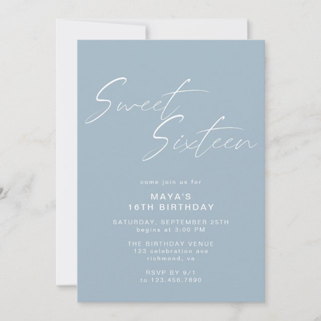 Invitation Dusty Blue Sweet sixteen Simple chic 16e anniversa (Devant)