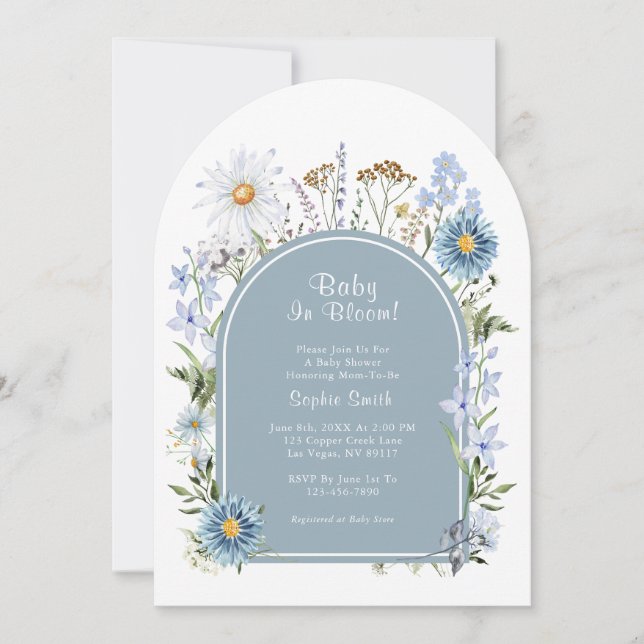 Invitation Dusty Blue Tea Party Baby in Bloom Baby shower (Devant)
