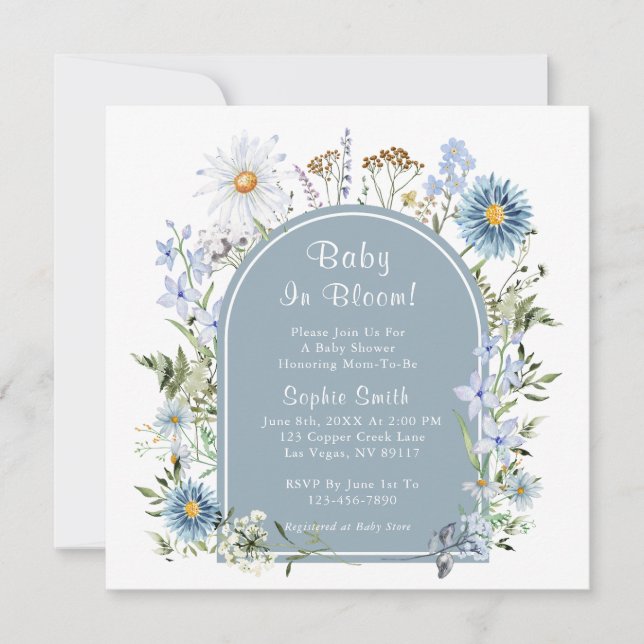 Invitation Dusty Blue Tea Party Baby in Bloom Baby shower (Devant)