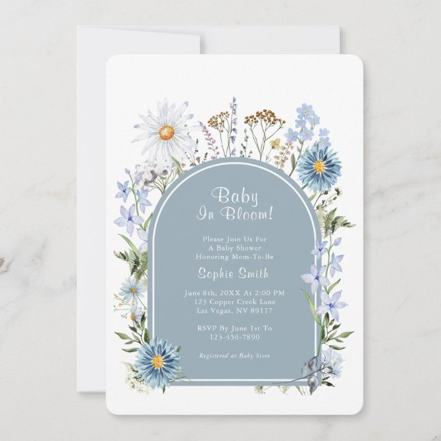 Invitation Dusty Blue Tea Party Baby in Bloom Baby shower (Devant)