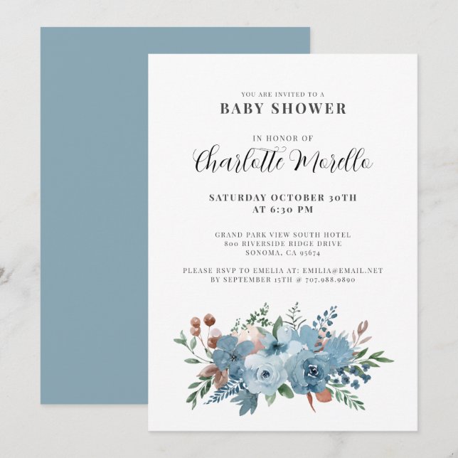 Invitation Dusty Blue Terracotta Baby shower Floral (Devant / Derrière)