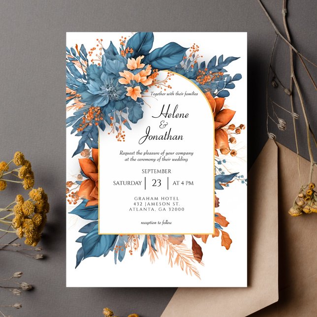 Invitation Dusty Blue Terracotta Boho Floral Mariage élégant (Dusty Blue Terracotta Boho Floral Elegant Wedding Invitation)