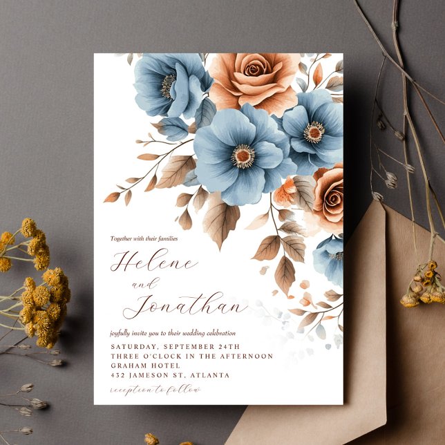 Invitation Dusty Blue Terracotta Boho Floral Mariage élégant (Dusty Blue Terracotta Boho Floral Elegant Wedding Invitation)