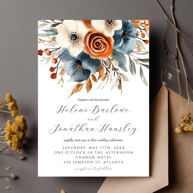 Invitation Dusty Blue Terracotta Boho Floral Mariage élégant (Dusty Blue Terracotta Boho Floral Elegant Wedding Invitation)